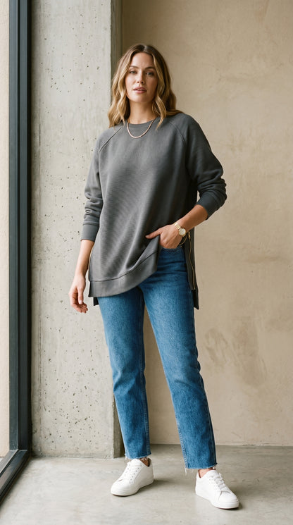 Ribbed Oversized Sweatshirt With Side Zips