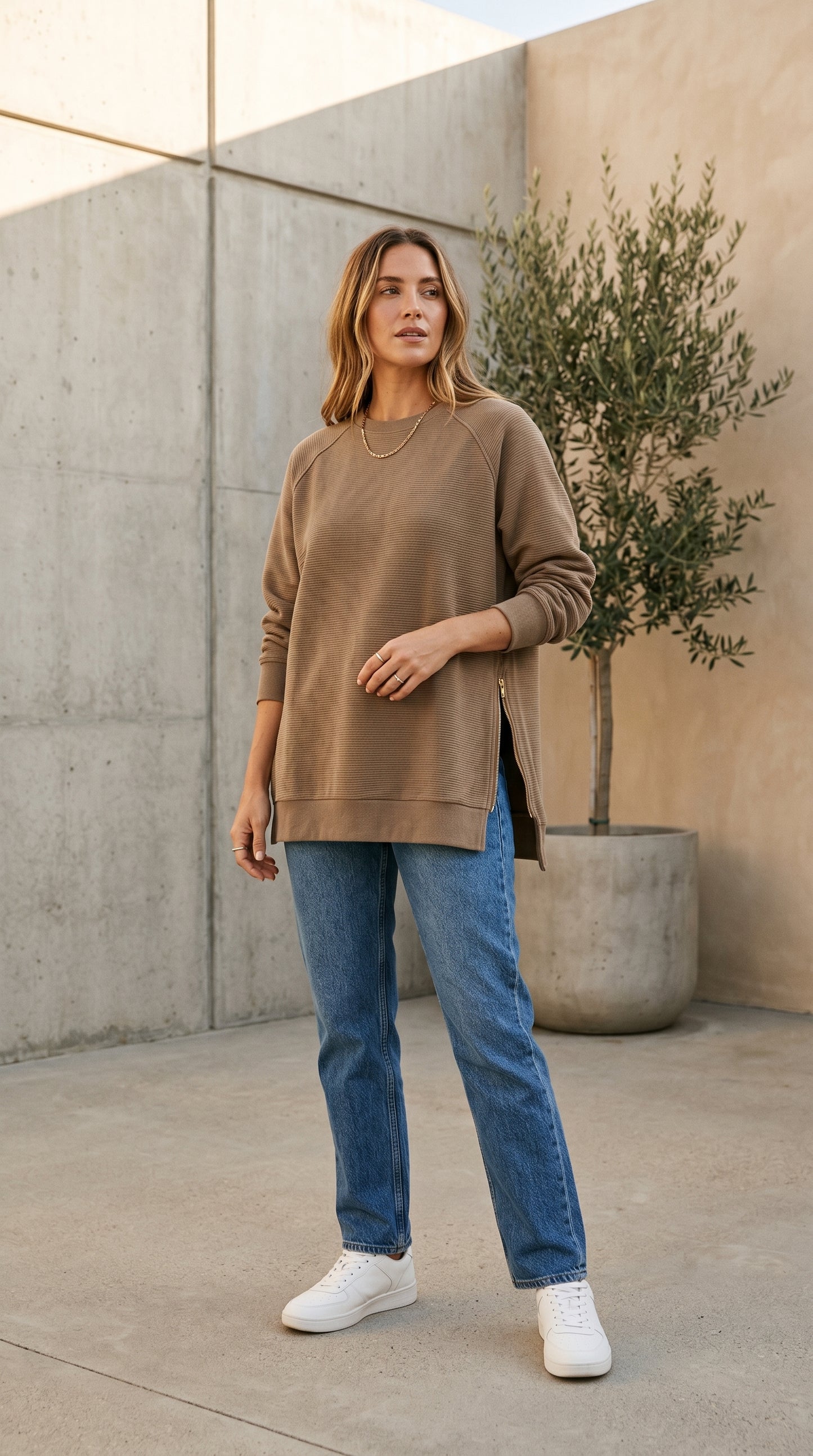 Ribbed Oversized Sweatshirt With Side Zips