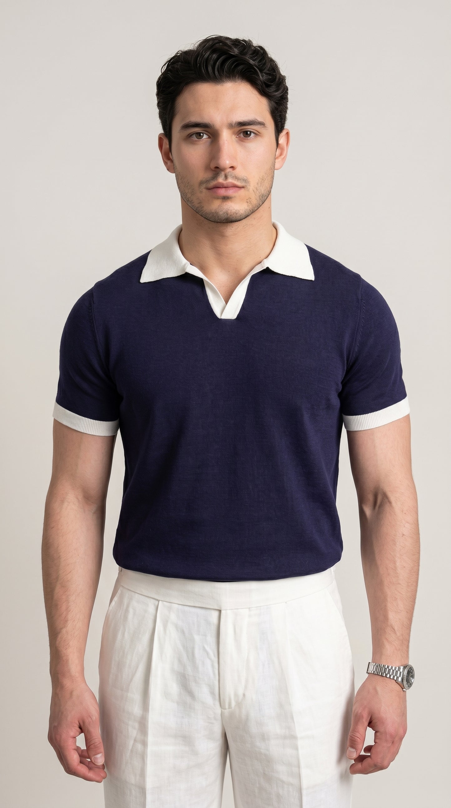 Areila Contrast Knit Short Sleeve Slim Fit Polo