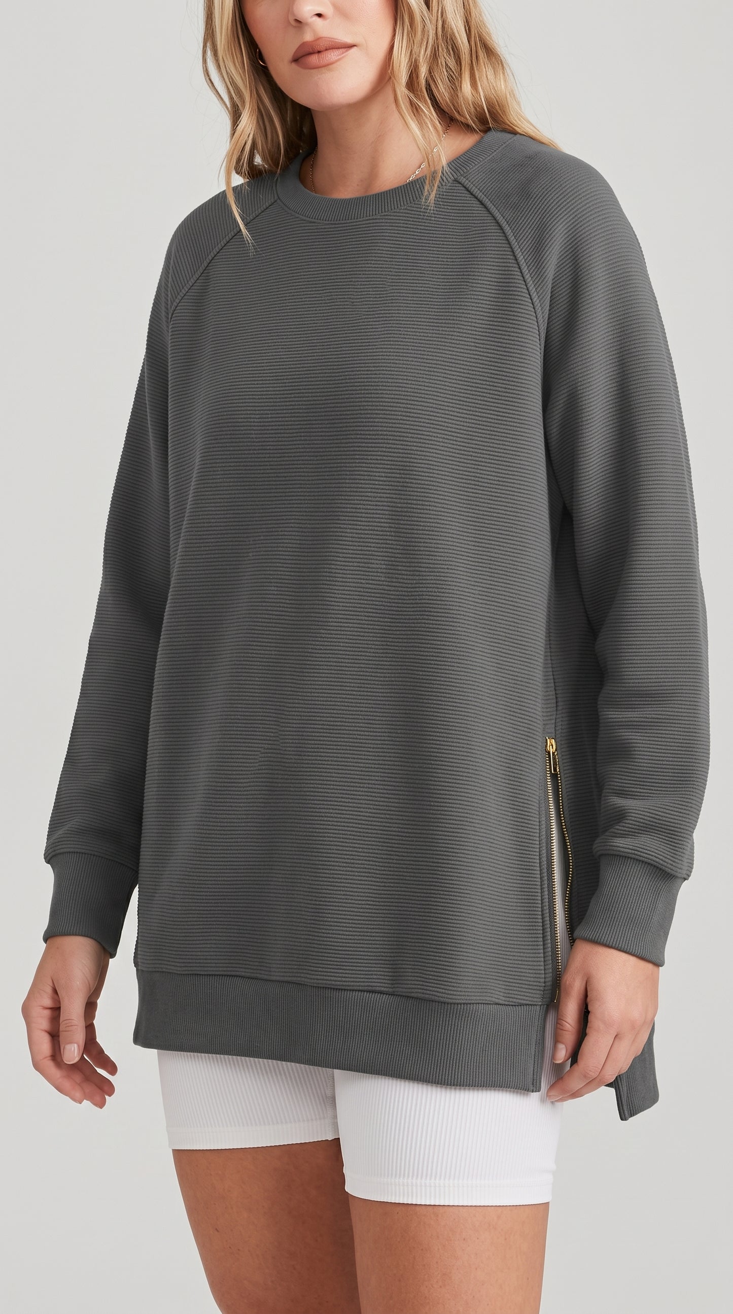 Ribbed Oversized Sweatshirt With Side Zips