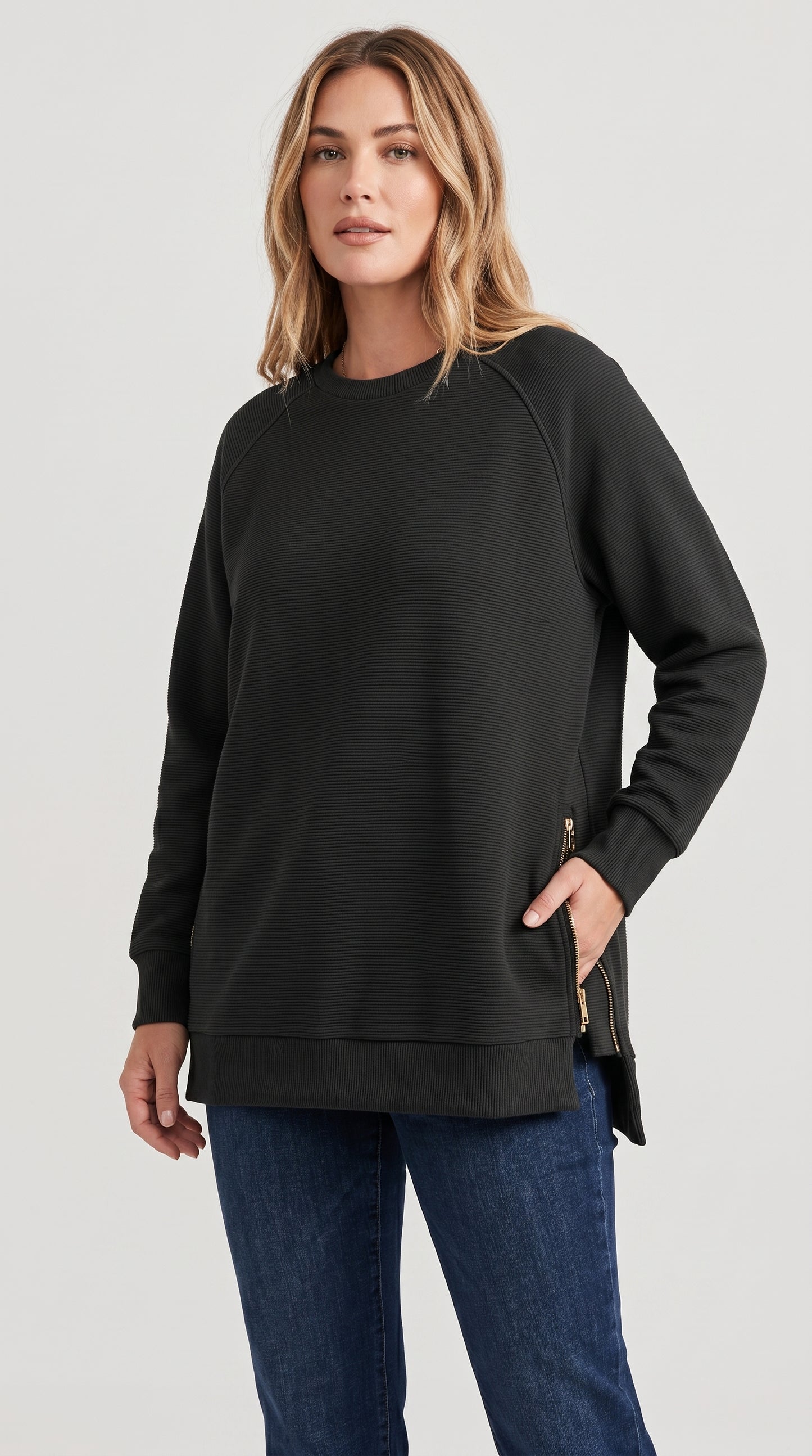 Ribbed Oversized Sweatshirt With Side Zips